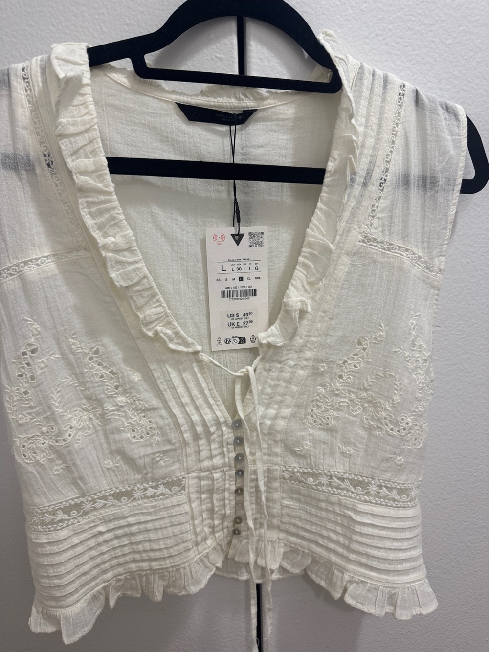 Women’s White Ruffled V-Neck Embroidered Top